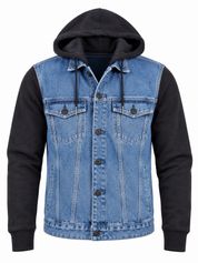 NEW LOOK Men's Blue Denim Hooded Jacket in UK Size S. Stylish black sleeves, attached hood and button-front design. Perfect for casual streetwear.