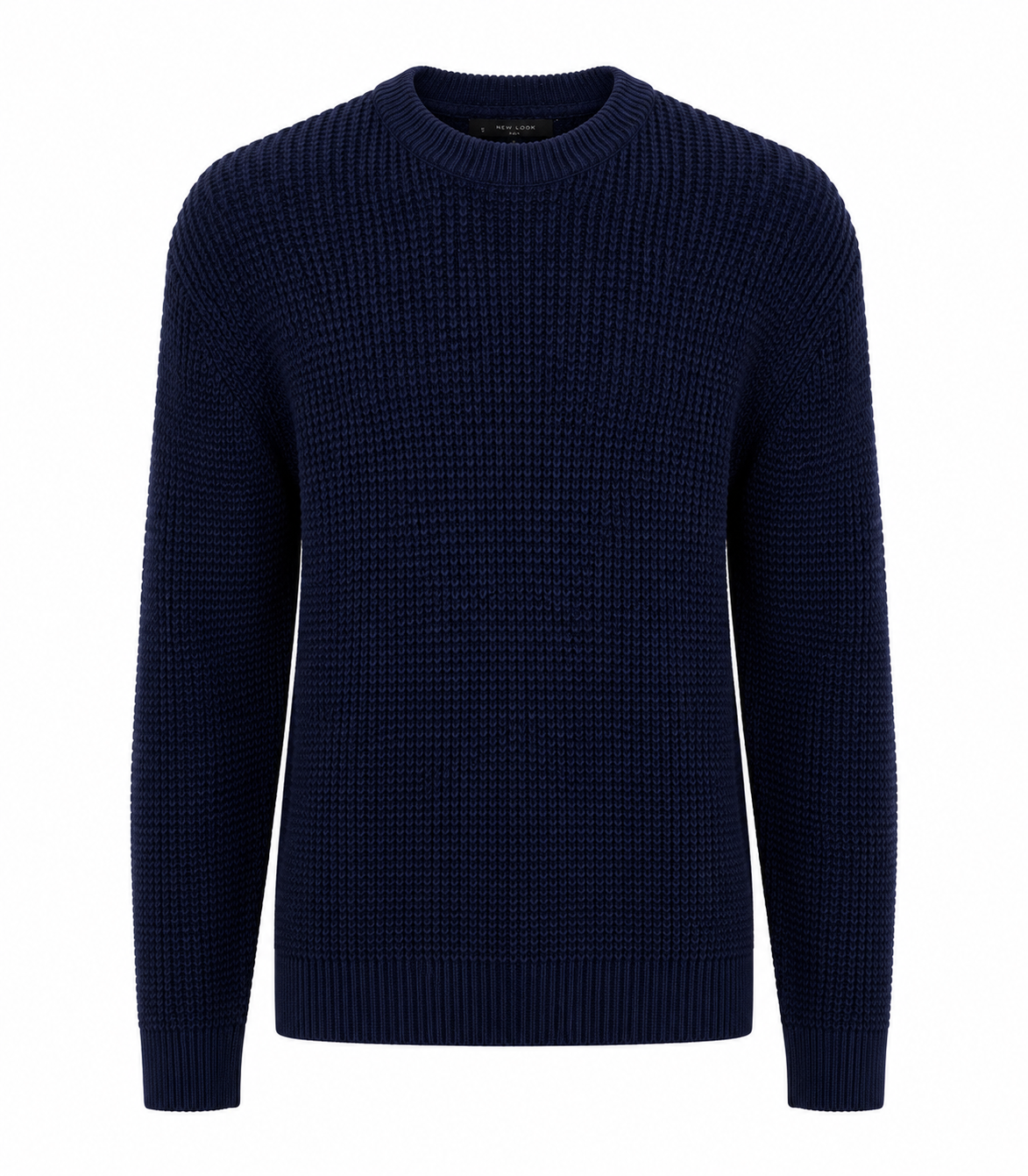 NEW LOOK men’s chunky knit sweater in deep navy blue, UK size S. Stylish crew neck jumper with textured knit finish, perfect for casual winter wear.