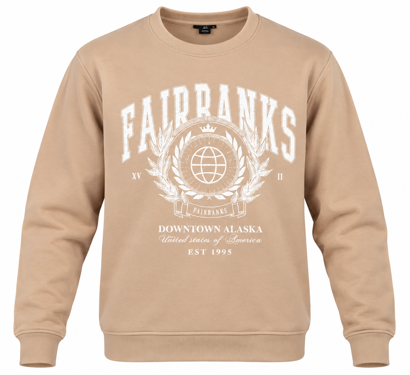 New Look men’s Fairbanks graphic sweatshirt in beige, UK Size L. Stylish crew neck design with long sleeves and bold vintage-inspired print.