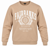 New Look men’s Fairbanks graphic sweatshirt in beige, UK Size L. Stylish crew neck design with long sleeves and bold vintage-inspired print.