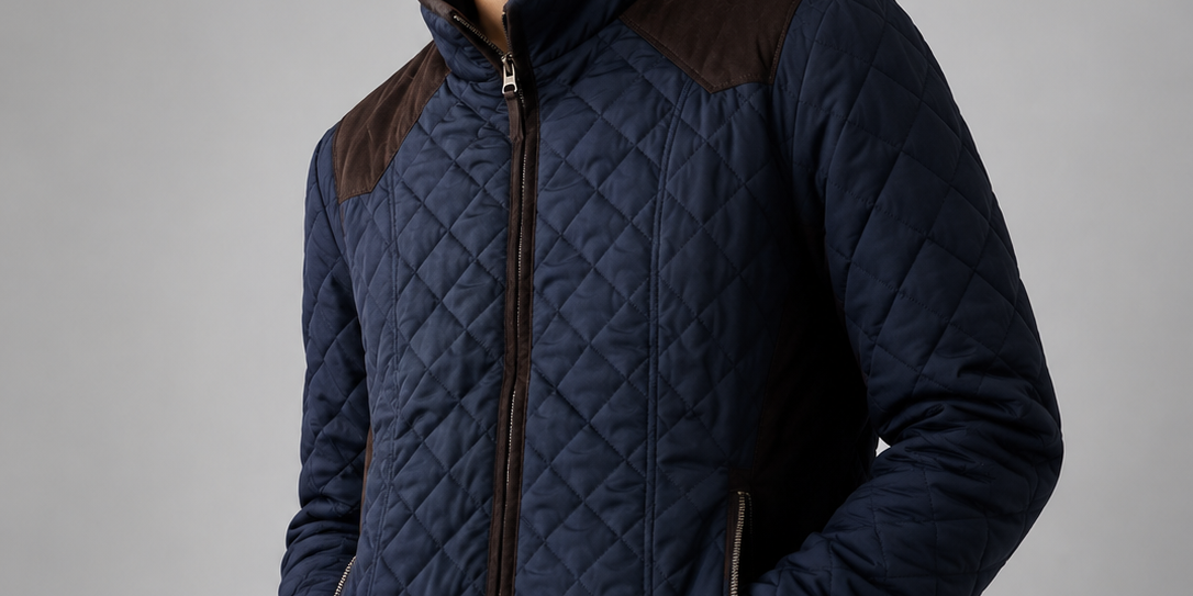   New Look men's navy quilted jacket in UK size L, featuring diamond stitching, padded warmth, zipped pockets and stylish brown detailing.