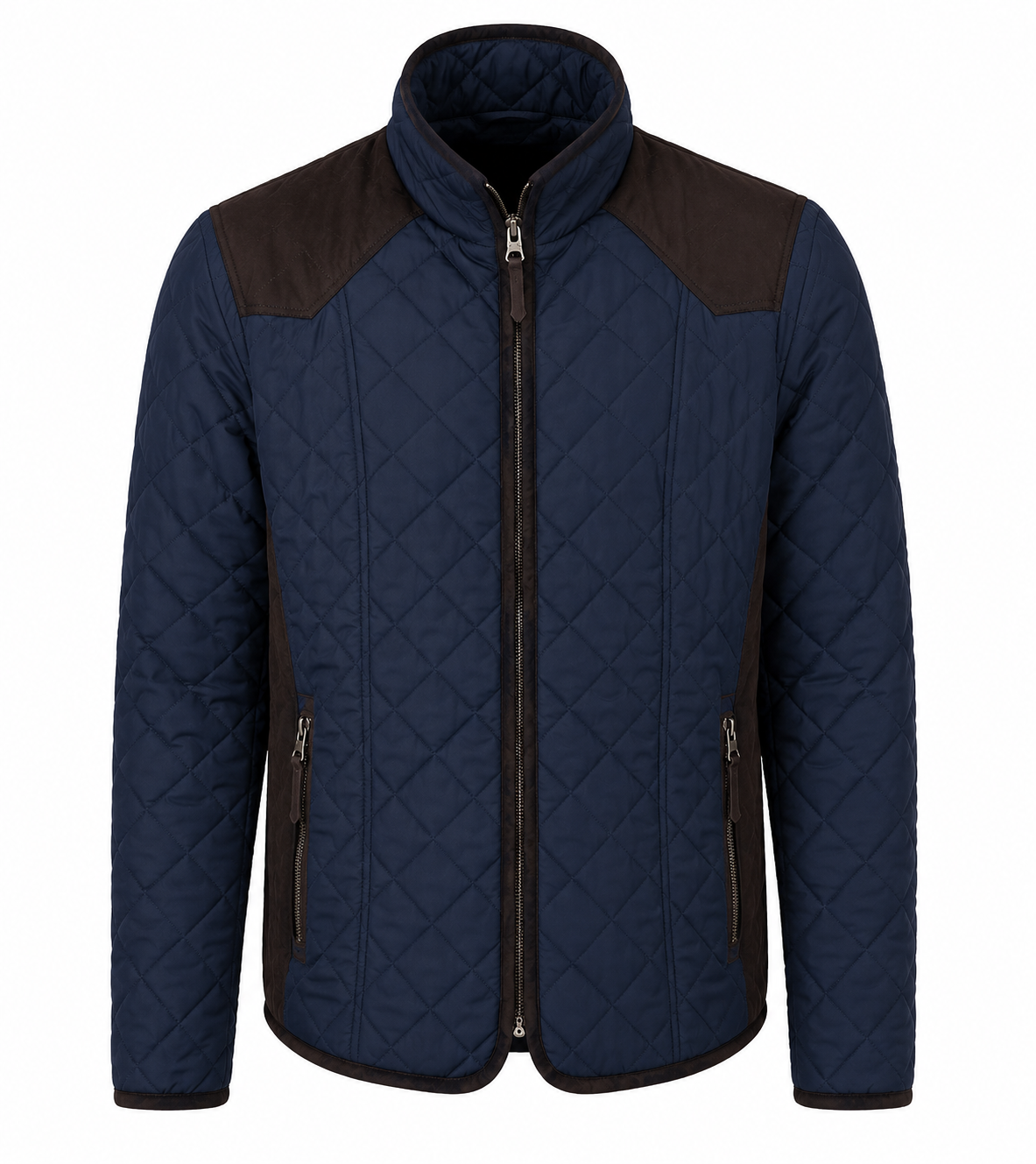   New Look men's navy quilted jacket in UK size L, featuring diamond stitching, padded warmth, zipped pockets and stylish brown detailing.