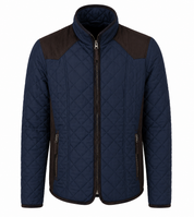  New Look men's navy quilted jacket in UK size L, featuring diamond stitching, padded warmth, zipped pockets and stylish brown detailing.