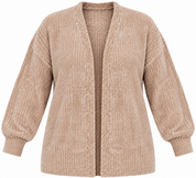 NEW LOOK women's beige chenille-style knit cardigan in UK 4XL. Cozy plus-size open-front ladies' knitwear, perfect for casual layering.