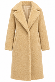  New Look women’s beige teddy coat in UK size 10. Soft, cosy and stylish longline faux-shearling design, perfect for autumn and winter outfits.