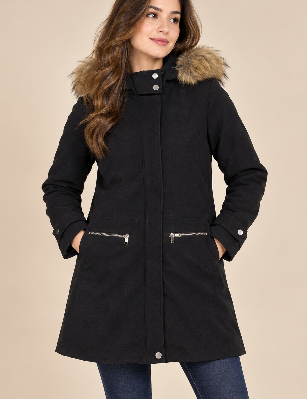  New Look women’s black faux fur hooded winter coat in UK Size 10. Stylish longline design with zip pockets and full sleeves for everyday winter wear.