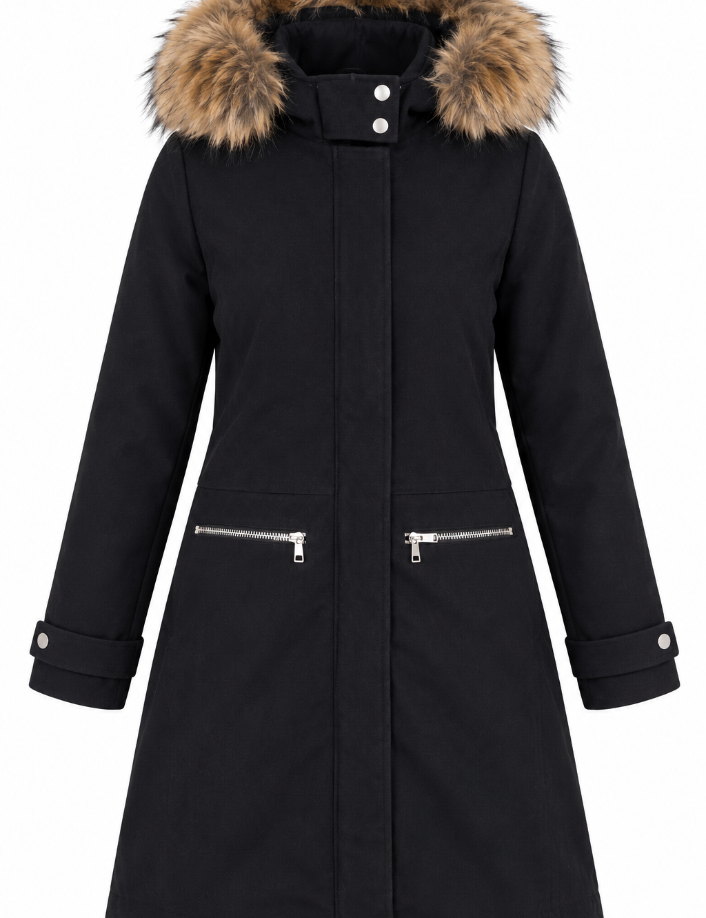  New Look women’s black faux fur hooded winter coat in UK Size 10. Stylish longline design with zip pockets and full sleeves for everyday winter wear.