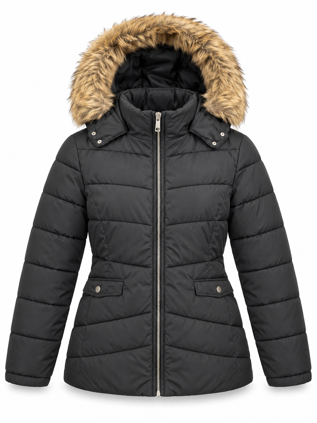 NEW LOOK women’s black puffer jacket in UK size L, featuring a fur-trimmed hood, quilted design, zip fastening and flap pockets.