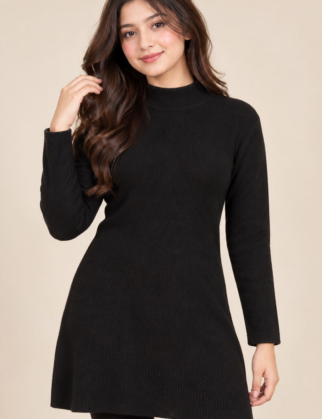 NEW LOOK women’s black ribbed high neck knit dress in UK Size M. A stylish long-sleeve winter essential for casual, work and everyday wear.