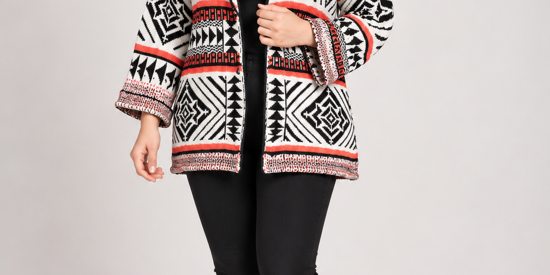 New Look women's geometric print knitted cardigan in UK size M. Black, white and coral-red open-front design. Chest 22", length 22". Shop now!