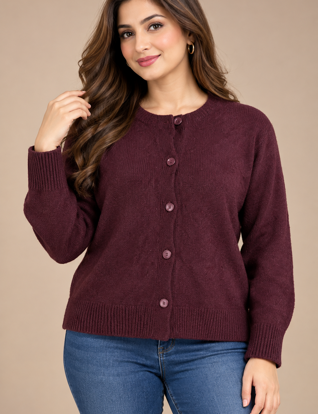  New Look women’s burgundy knitted cardigan in UK Size S. Stylish button-front design with long sleeves, perfect for everyday layering and casual wear.