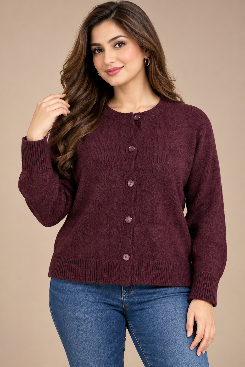  New Look women’s burgundy knitted cardigan in UK Size S. Stylish button-front design with long sleeves, perfect for everyday layering and casual wear.