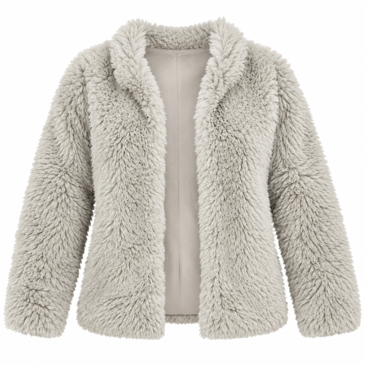 NEW LOOK Women's Light Grey Fluffy Faux Fur Open Front Jacket in UK Size 4XL. Soft, cozy and stylish plus-size winter outerwear for everyday fashion.