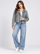 NEW LOOK Women Grey Faux Suede Biker Jacket