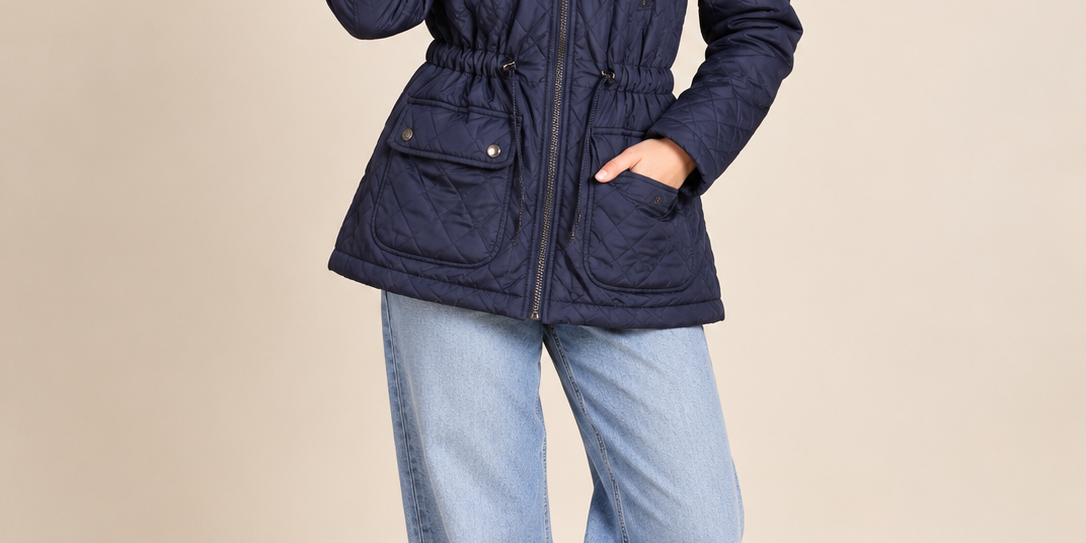 NEW LOOK Women's Navy Blue Quilted Faux Fur Hooded Jacket in UK Size S. Stylish winter outerwear with zip pockets and adjustable waist.