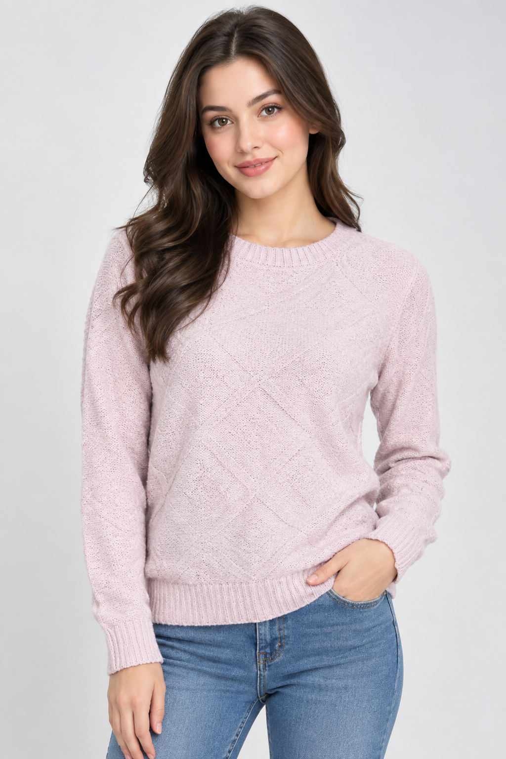  the New Look women's pink knit jumper in UK size M. Features a textured design, crew neck, long sleeves and ribbed trims for versatile everyday styling.