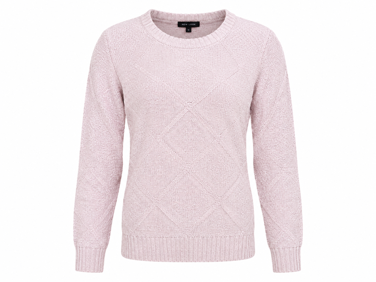  the New Look women's pink knit jumper in UK size M. Features a textured design, crew neck, long sleeves and ribbed trims for versatile everyday styling.