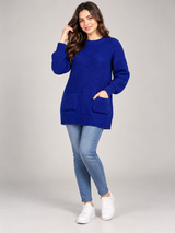 NEW LOOK Women Royal Blue Chunky Ribbed Knit Longline Jumper with Front Pockets
