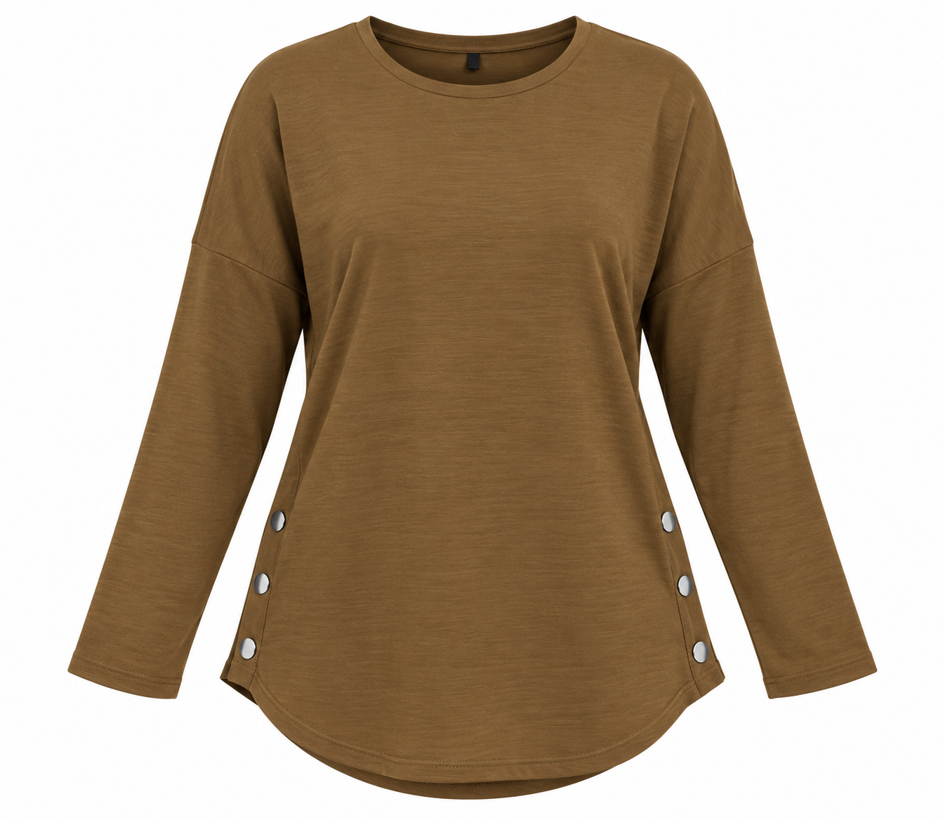 NEW LOOK women’s brown long sleeve tunic top in UK Size M, featuring metallic side buttons, a curved hem and comfortable relaxed fit.
