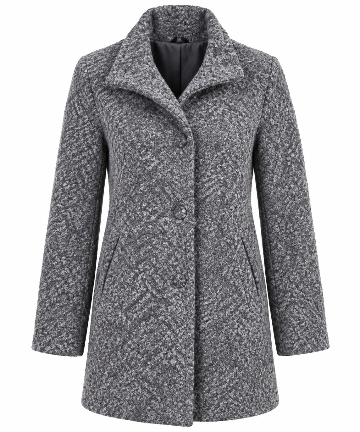  New Look women’s grey textured long coat in UK Size M. Stylish button-front winter outerwear with side pockets, available at UK Customer Returns.