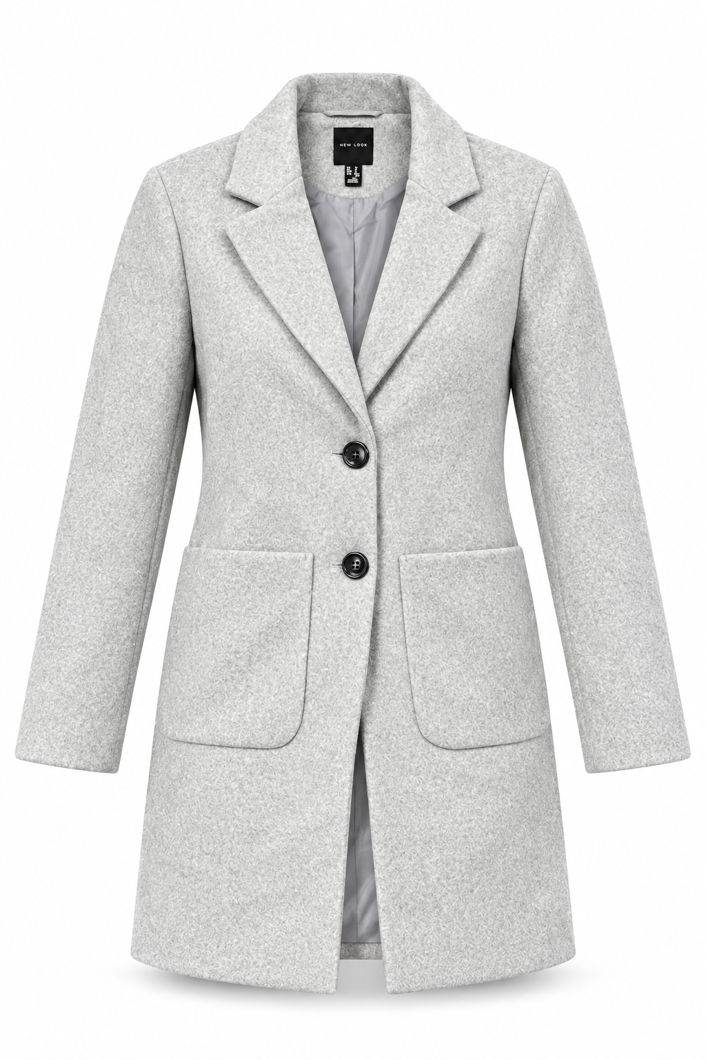  New Look women’s light grey coat in UK size Small, featuring notched lapels, two-button fastening and practical front patch pockets.