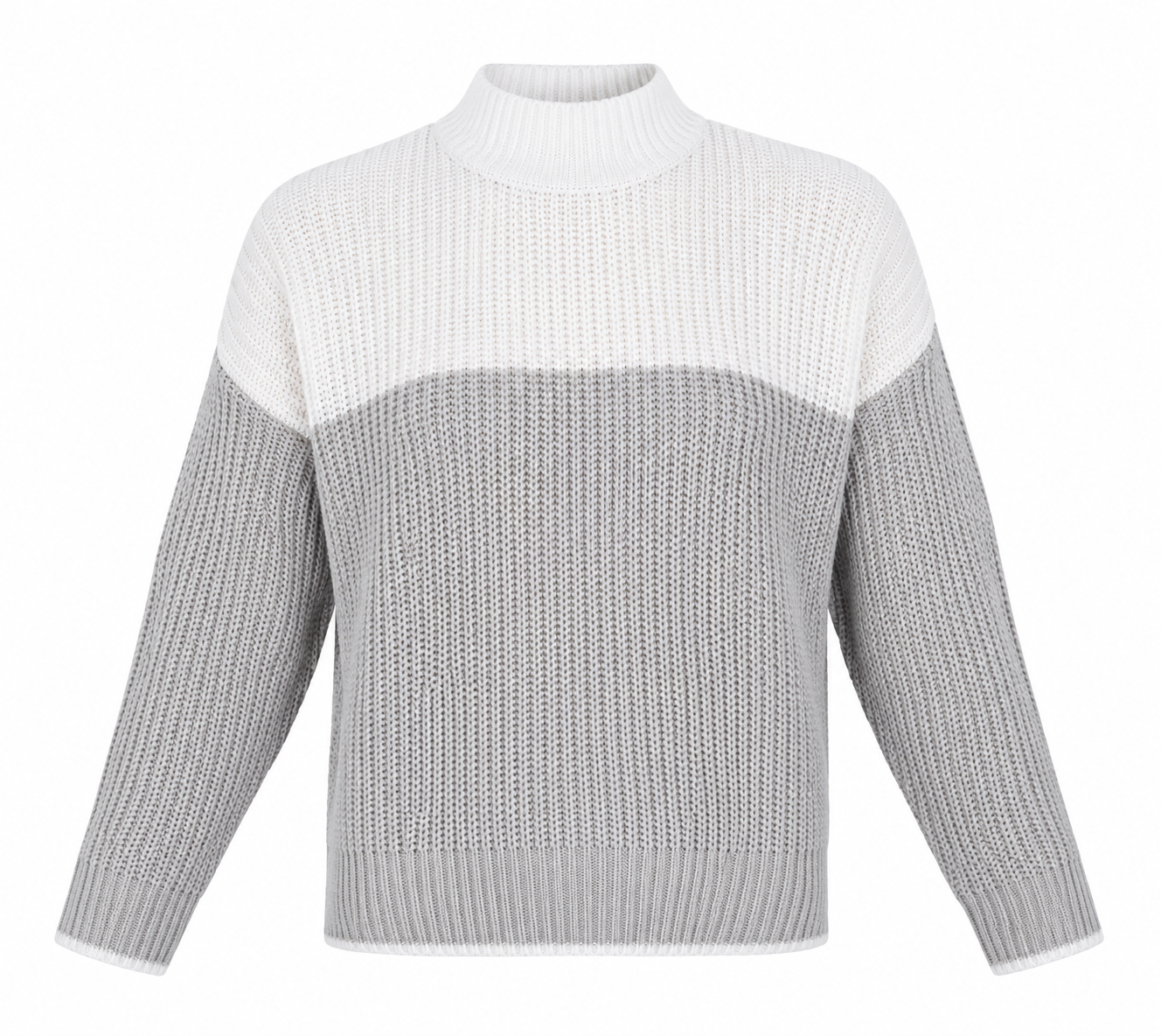  New Look women’s white and grey chunky knit sweater, featuring a stylish mock neck, textured knit and comfortable relaxed fit. Perfect for casual winter outfits.