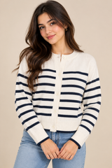 New Look Women’s White & Navy Striped Button Cardigan