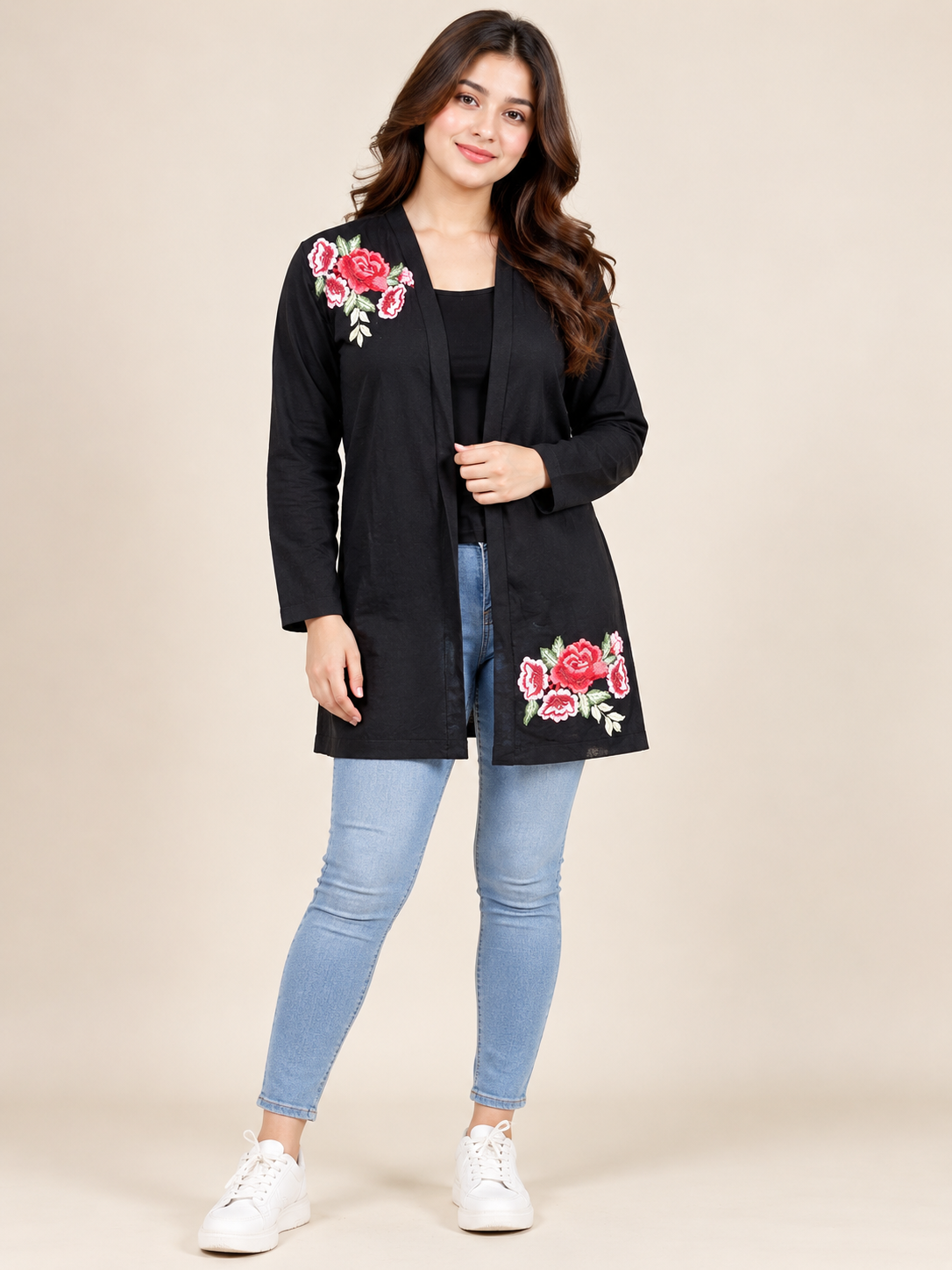  NEW LOOK Women's Black Floral Embroidered Open Front Cardigan in UK Size M. Stylish long sleeves, beautiful rose detailing and casual elegance.