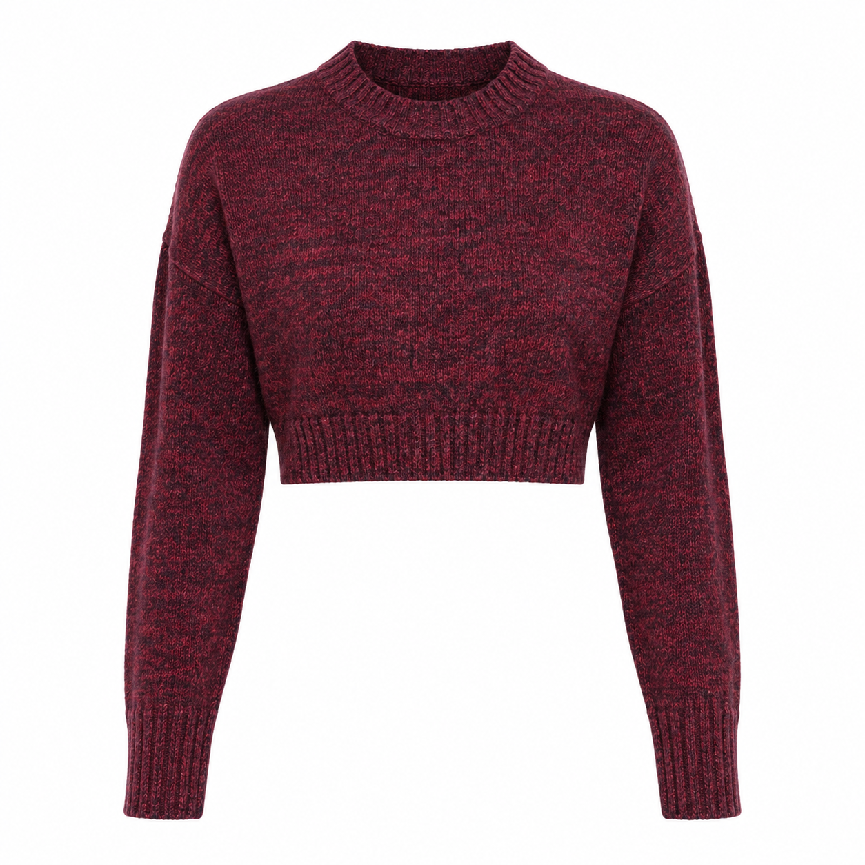   New Look women’s burgundy cropped knit sweater in UK Size S. Featuring a ribbed crew neck, long sleeves and stylish cropped fit.
