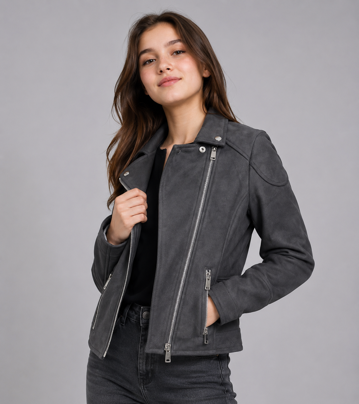  NEW LOOK Women's Charcoal Grey Faux Suede Biker Jacket featuring a stylish biker design, soft suede-look fabric, silver zip details, and a comfortable regular fit. Perfect for casual wear, travel, and everyday fashion.