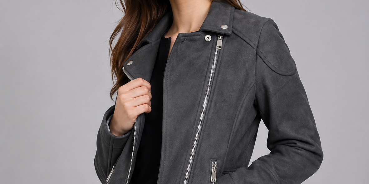  NEW LOOK Women's Charcoal Grey Faux Suede Biker Jacket featuring a stylish biker design, soft suede-look fabric, silver zip details, and a comfortable regular fit. Perfect for casual wear, travel, and everyday fashion.