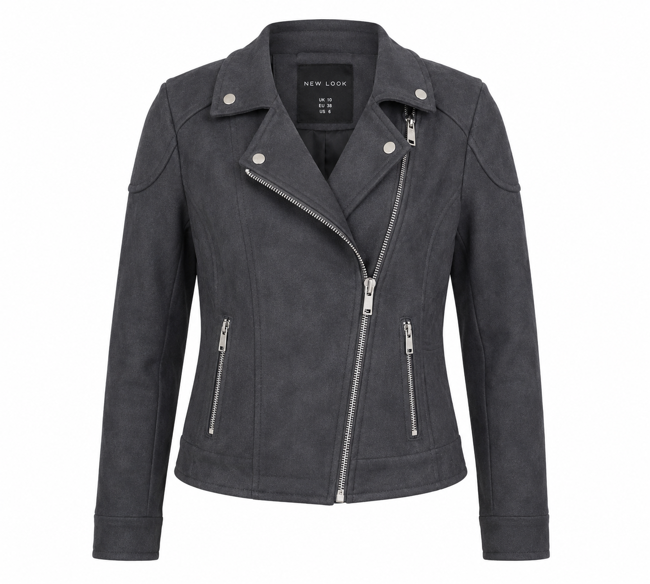 NEW LOOK Women's Charcoal Grey Faux Suede Biker Jacket featuring a stylish biker design, soft suede-look fabric, silver zip details, and a comfortable regular fit. Perfect for casual wear, travel, and everyday fashion.