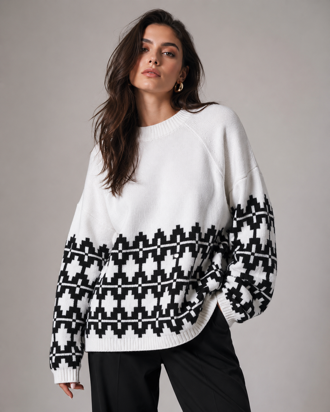 Stay warm in effortless style with this NEW LOOK Women's Oversized Geometric Knit Sweater. Designed with a soft-touch knitted fabric, this cozy pullover features a timeless black and white geometric pattern, relaxed oversized fit, crew neckline, and ribbed cuffs and hem for maximum comfort. Perfect for autumn and winter, it pairs beautifully with jeans, leggings, skirts, or tailored trousers for casual, smart-casual, or everyday wear.