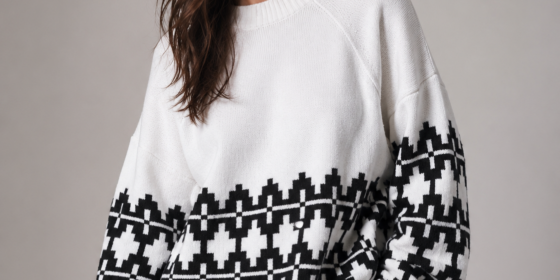 Stay warm in effortless style with this NEW LOOK Women's Oversized Geometric Knit Sweater. Designed with a soft-touch knitted fabric, this cozy pullover features a timeless black and white geometric pattern, relaxed oversized fit, crew neckline, and ribbed cuffs and hem for maximum comfort. Perfect for autumn and winter, it pairs beautifully with jeans, leggings, skirts, or tailored trousers for casual, smart-casual, or everyday wear.