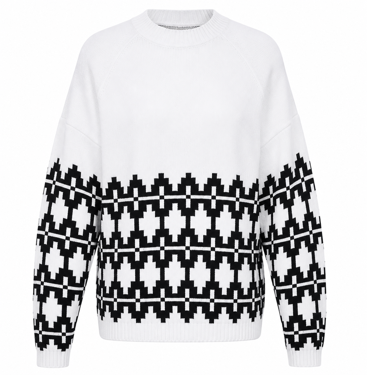 Stay warm in effortless style with this NEW LOOK Women's Oversized Geometric Knit Sweater. Designed with a soft-touch knitted fabric, this cozy pullover features a timeless black and white geometric pattern, relaxed oversized fit, crew neckline, and ribbed cuffs and hem for maximum comfort. Perfect for autumn and winter, it pairs beautifully with jeans, leggings, skirts, or tailored trousers for casual, smart-casual, or everyday wear.