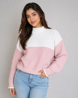 New Look Womens Pink & White Colour Block Ribbed Knit Sweater