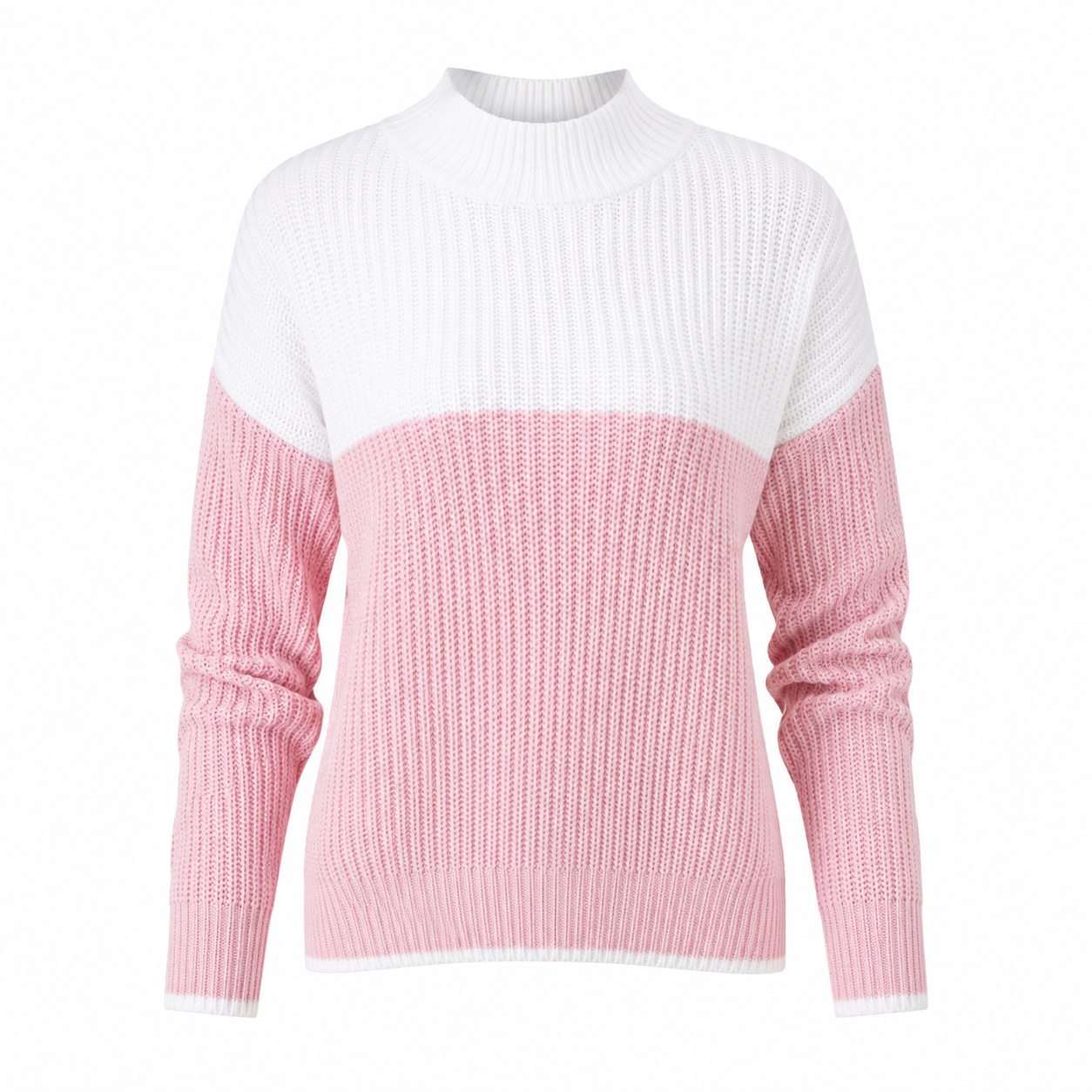  New Look Women’s Pink & White Colour Block Ribbed Knit Sweater in UK Size M. Stylish mock neck, long sleeves and cosy ribbed texture for everyday wear.