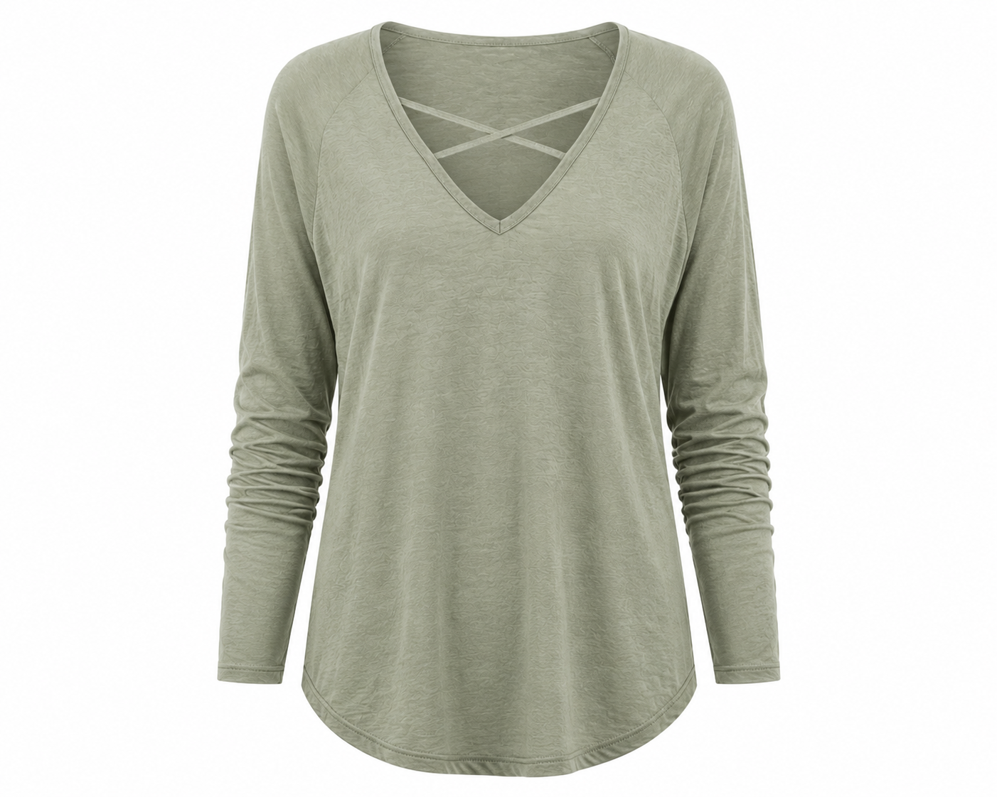  New Look women’s sage green V-neck long sleeve top in UK Size 12. Relaxed fit with crisscross neckline and versatile everyday style.