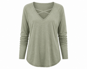  New Look women’s sage green V-neck long sleeve top in UK Size 12. Relaxed fit with crisscross neckline and versatile everyday style.