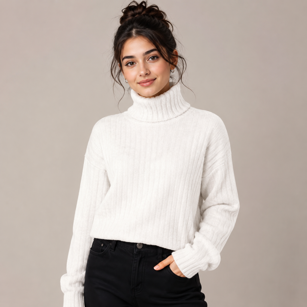  NEW LOOK Women's White Ribbed Turtleneck Crop Sweater. Soft ribbed knit, cozy high neck, cropped fit, and timeless white design—perfect for autumn, winter, casual, and everyday fashion.