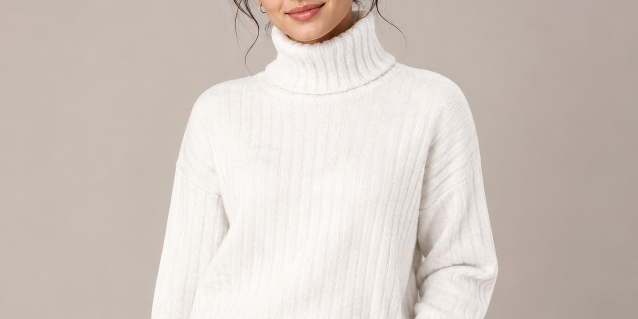  NEW LOOK Women's White Ribbed Turtleneck Crop Sweater. Soft ribbed knit, cozy high neck, cropped fit, and timeless white design—perfect for autumn, winter, casual, and everyday fashion.