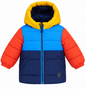Next baby boys colour block puffer jacket in UK size 9–12 months. Warm hooded padded design with zip fastening, perfect for winter wear.