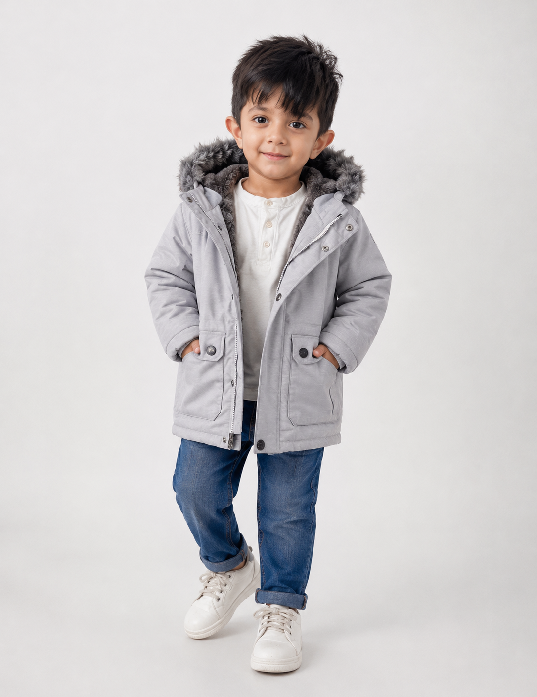 Keep your little one warm and stylish during the colder months with this Next Baby Boys Grey Faux Fur Hooded Winter Parka Jacket. Crafted with comfort and practicality in mind, this premium winter coat features a soft faux fur-lined hood, warm padded insulation, ribbed inner cuffs, and a secure front zip with snap-button storm flap for added protection against chilly weather.