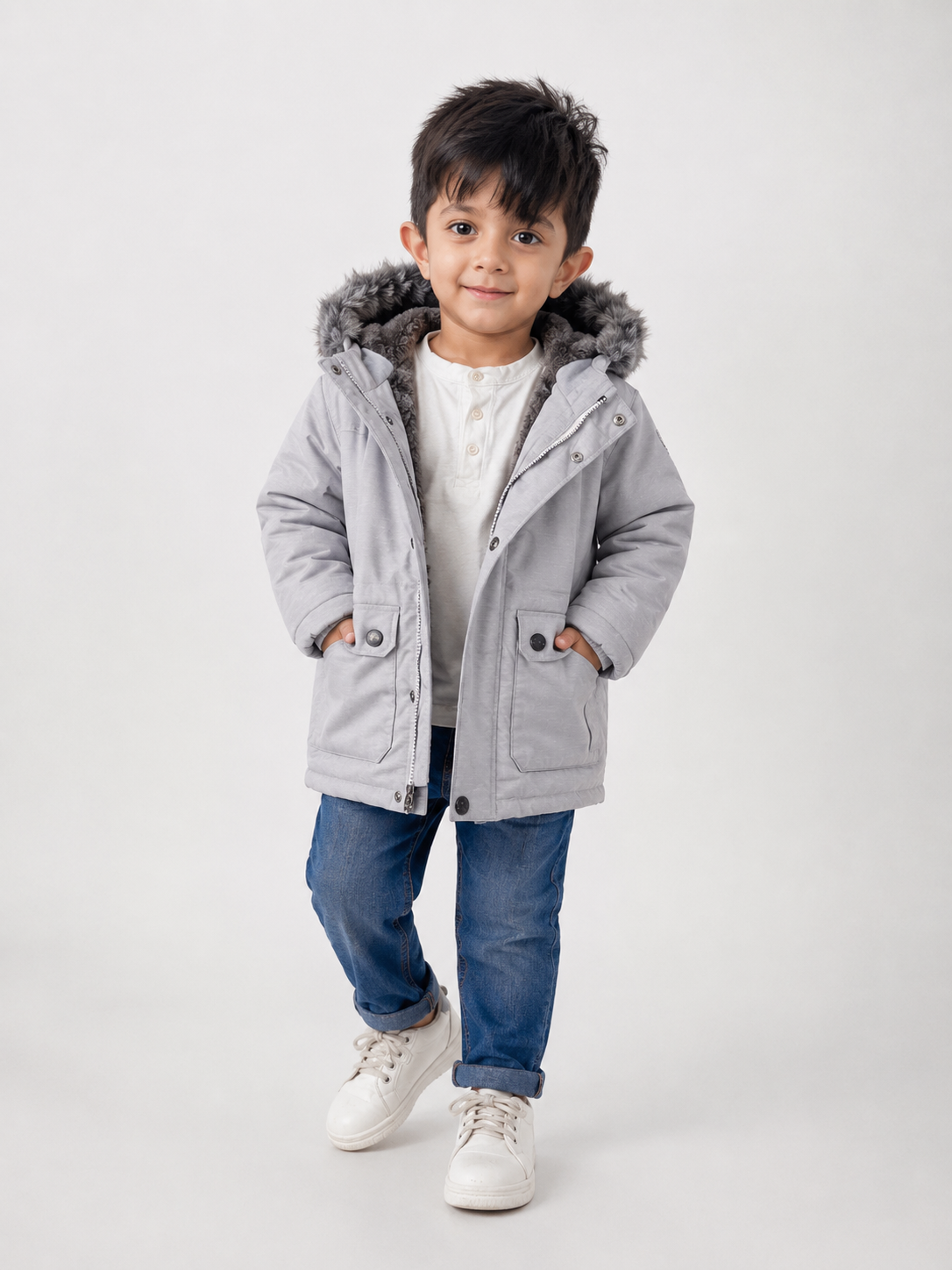 Keep your little one warm and stylish during the colder months with this Next Baby Boys Grey Faux Fur Hooded Winter Parka Jacket. Crafted with comfort and practicality in mind, this premium winter coat features a soft faux fur-lined hood, warm padded insulation, ribbed inner cuffs, and a secure front zip with snap-button storm flap for added protection against chilly weather.