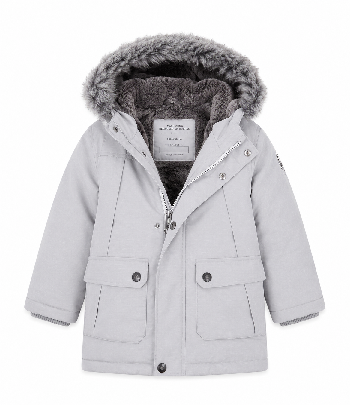 Keep your little one warm and stylish during the colder months with this Next Baby Boys Grey Faux Fur Hooded Winter Parka Jacket. Crafted with comfort and practicality in mind, this premium winter coat features a soft faux fur-lined hood, warm padded insulation, ribbed inner cuffs, and a secure front zip with snap-button storm flap for added protection against chilly weather.