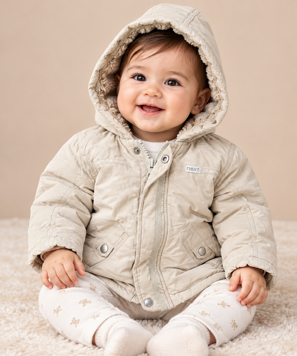 this Next baby girls cream hooded winter jacket in UK size 6–9 months, featuring cosy fleece lining, practical pockets and a warm, comfortable design.