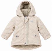  this Next baby girls cream hooded winter jacket in UK size 6–9 months, featuring cosy fleece lining, practical pockets and a warm, comfortable design.