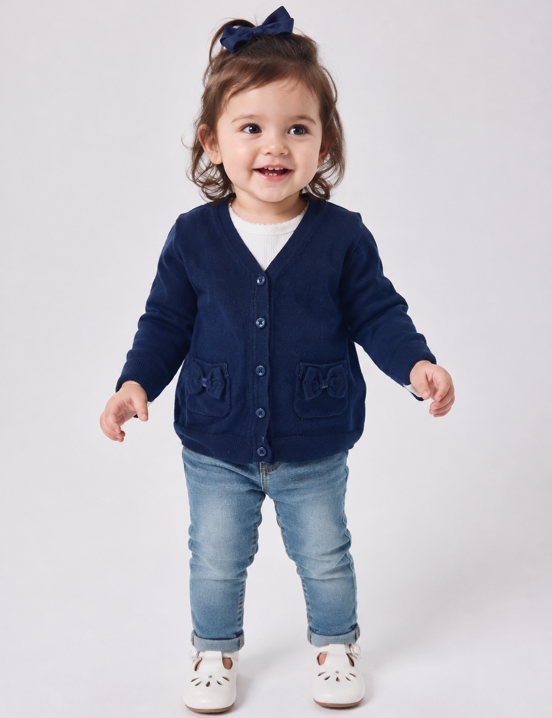  Next baby girls’ navy blue knitted cardigan in UK size 1–1.5 years. Features bow pockets, V-neck, button fastening and cosy long sleeves.