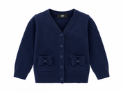  Next baby girls’ navy blue knitted cardigan in UK size 1–1.5 years. Features bow pockets, V-neck, button fastening and cosy long sleeves.