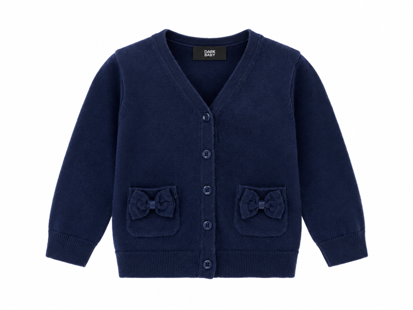  Next baby girls’ navy blue knitted cardigan in UK size 1–1.5 years. Features bow pockets, V-neck, button fastening and cosy long sleeves.